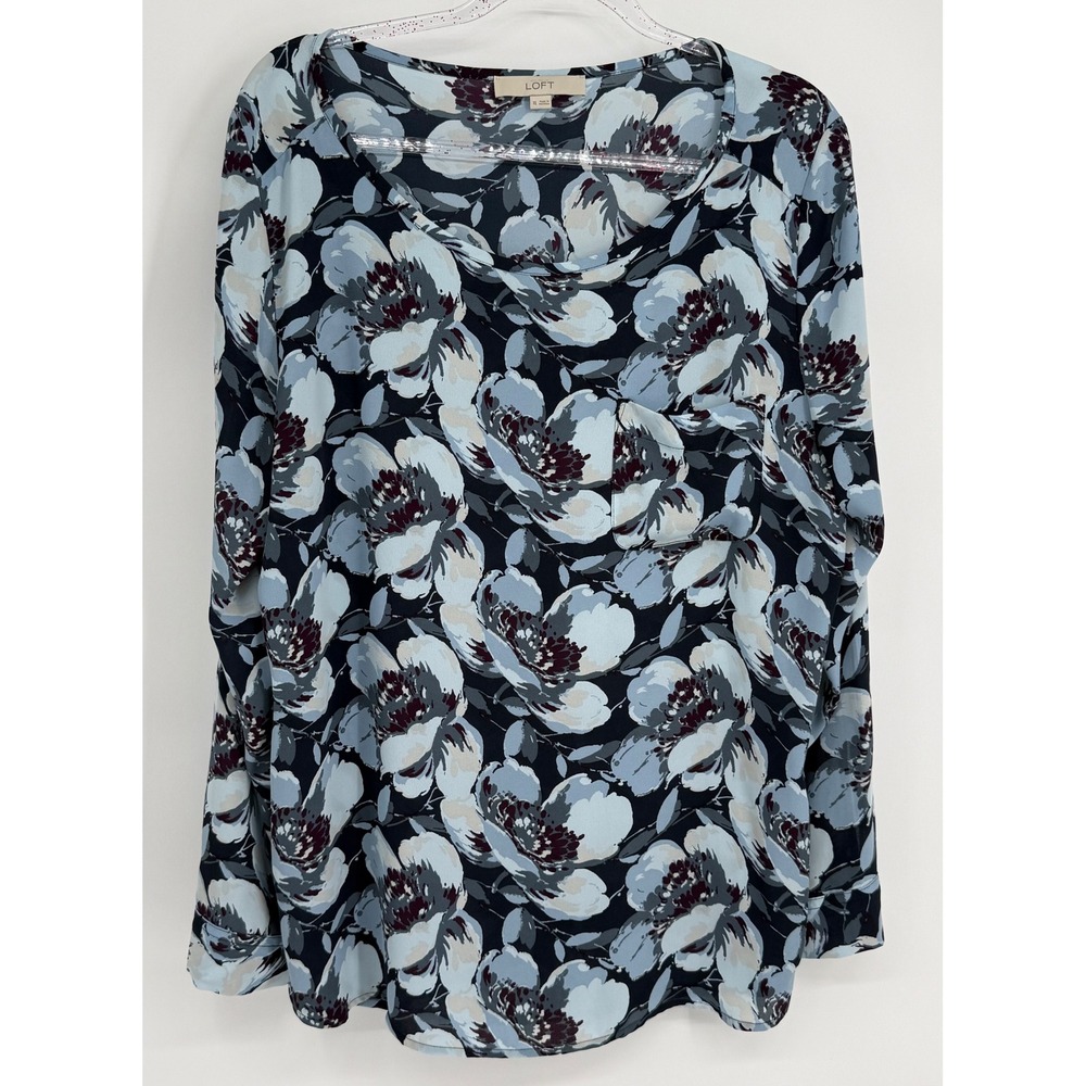 LOFT Womens Sz XL‎ Blue Floral Long Sleeve Scoop Neck Blouse Relaxed Fit Pocket